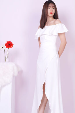 Square Neck Frill Shoulder Side Split Ruched Long Dress (White)